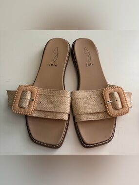 Joie Natural Raffia Buckle Slide Sandals in Beige